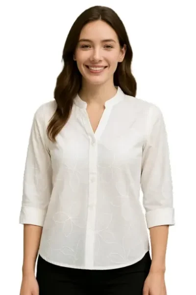 White Cotton Casual Shirt with Embroidery for Women – 3/4 Sleeve