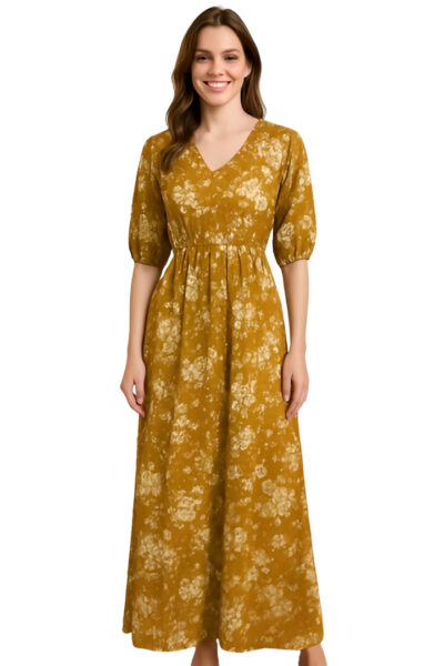 Woman wearing mustard floral maxi dress with puff sleeves – Bhakti Women’s Wear/Yellow