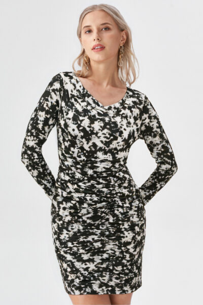 Turn heads with this stunning ruched abstract print bodycon dress, now available in two elegant colors – Black & White and Brown & Beige. Crafted with soft stretch fabric and detailed ruching that hugs your curves, this long sleeve dress is perfect for parties, night outs, or even a chic brunch look. Choose your favorite shade to match your vibe!